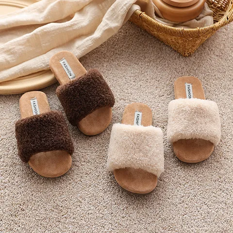 Girls Fuzzy Flat Slide Slippers Square Toe Plush Open Back Indoor House Shoes