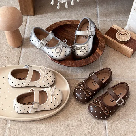 Girls French Style Polka Dot Mary Jane Shoes Soft Sole Princess Flats With Bow Decor Spring Autumn Kids Dress Shoes
