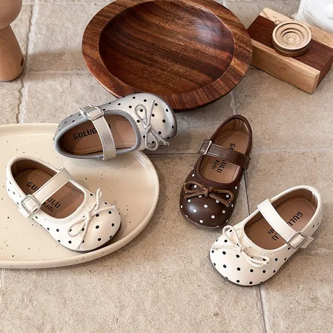 Girls French Style Polka Dot Mary Jane Shoes Soft Sole Princess Flats With Bow Decor Spring Autumn Kids Dress Shoes