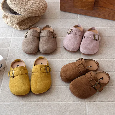 Kids Retro Buckle Strap Clogs Casual Artificial Leather Closed Toe Slippers With Soft Sole Slip On Sandals For Girls Boys Summer