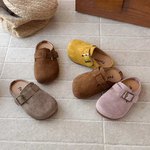 Kids Retro Buckle Strap Clogs Casual Artificial Leather Closed Toe Slippers With Soft Sole Slip On Sandals For Girls Boys Summer