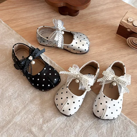 Mädchen Französischer Stil Punktiert Schleife Prinzessinnen-Schuhe Faux Tabi Design Weiche Sohle PU Leder Flache Mary Jane Schuhe Für Kleinkinder