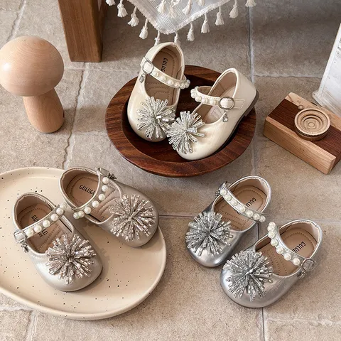 Girls Princess Single Shoes French Style Pearl Rhinestone Toddler Soft Sole Kids Mary Jane Leather Shoes