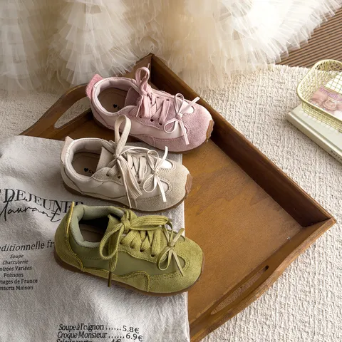 Chaussures de Sport Casual Nœud Papillon Rétro Enfants Filles Printemps Automne Confortables Semelle Souple Baskets Enfant