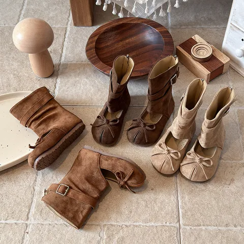 Girls Mid Tube Hollow Out Boots French Style Bowknot Retro Casual Flat Short Boots Children Spring Autumn Footwear