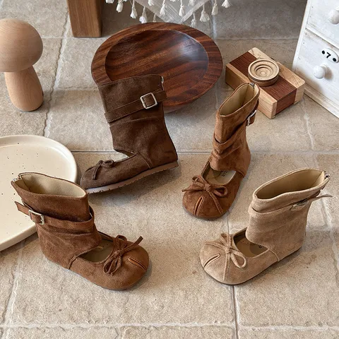 Girls Mid Tube Hollow Out Boots French Style Bowknot Retro Casual Flat Short Boots Children Spring Autumn Footwear