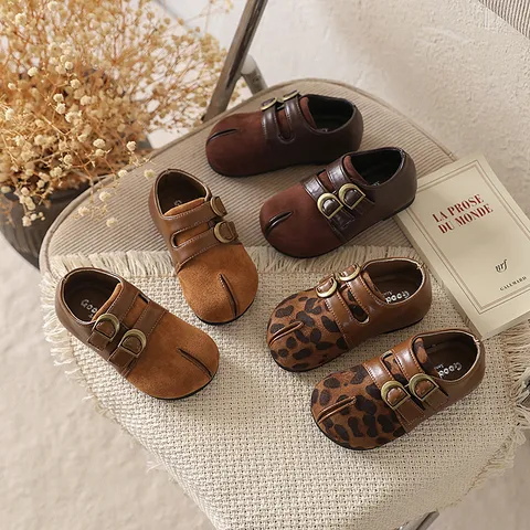 Zapatos Mary Jane Retro con Punta Dividida para Niña Niños Cuero PU Doble Hebilla Zapatos Planos