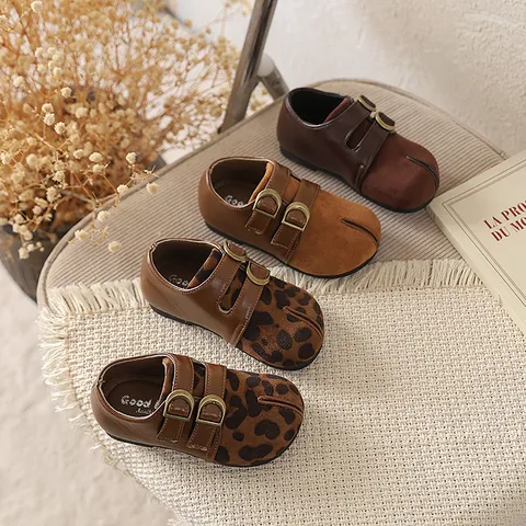 Zapatos Mary Jane Retro con Punta Dividida para Niña Niños Cuero PU Doble Hebilla Zapatos Planos