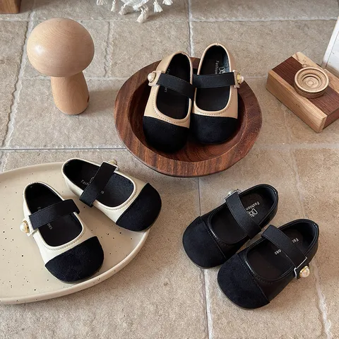 Chaussures Princesse Bloc de Couleur pour Filles Enfants Casual PU Cuir Chaussures Plates Avec Nœud de Perle Printemps Automne Enfants Chaussures Simples