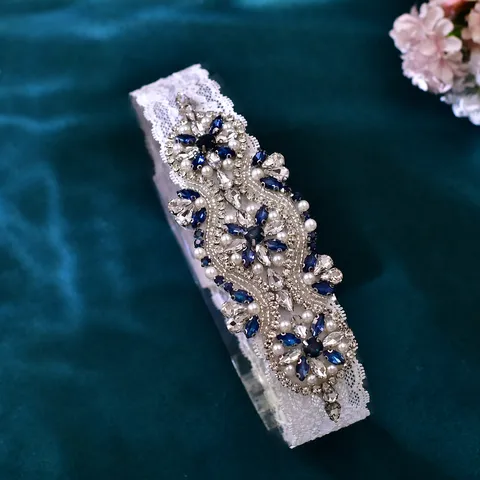 Gotisches Dunkles Spitzen Bein Strumpfband Ring Mit Dunkelblauen Strasssteinen Perlen Elastisches Oberschenkelband Hochzeit Party Körperschmuck