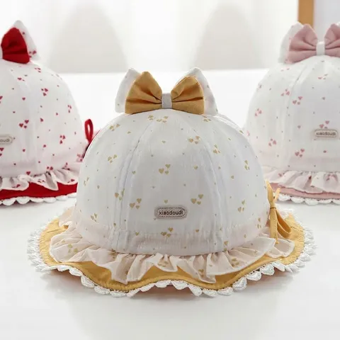 Cappello da Pescatore in Cotone per Neonata Dolce Cuore Stampato Protezione Solare Con Fiocco Bordo in Pizzo Cappellino Ombreggiatura