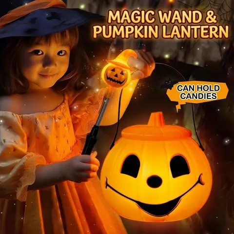 Halloween Citrouille Lanterne Seau à Bonbons Enfants Bâton Lumineux Jouet Ensemble Fantôme Baguette Magique Fête Décoration Cadeaux