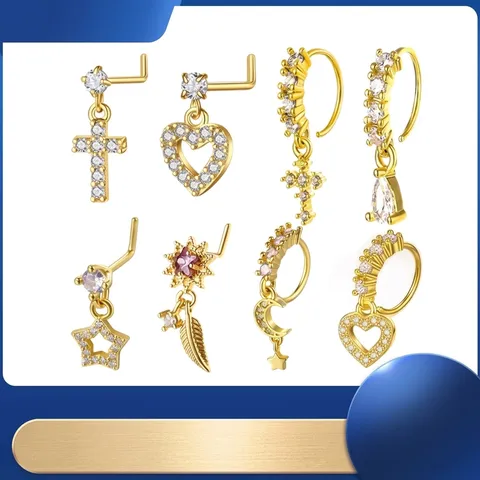 Kupfer Zirkonia Nasenringe Und Ohrstecker L-Form Kreuz Herz Stern Mond Feder Anhänger Piercing Schmuck Für Damen Unisex