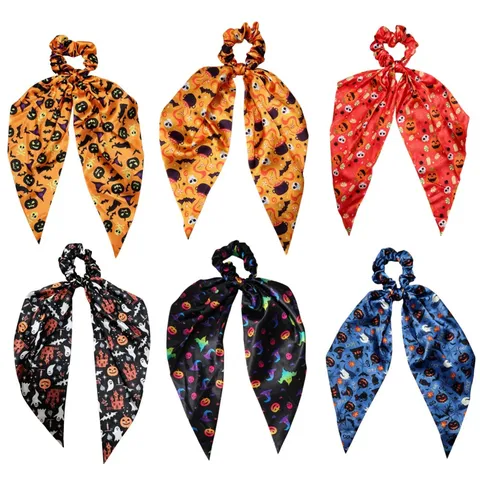 Halloween Satin Ribbon Scrunchies Oversized Pumpkin Ghost Bat Print Hair Ties Ponytail Hair Accessories For Women Party Jewelry