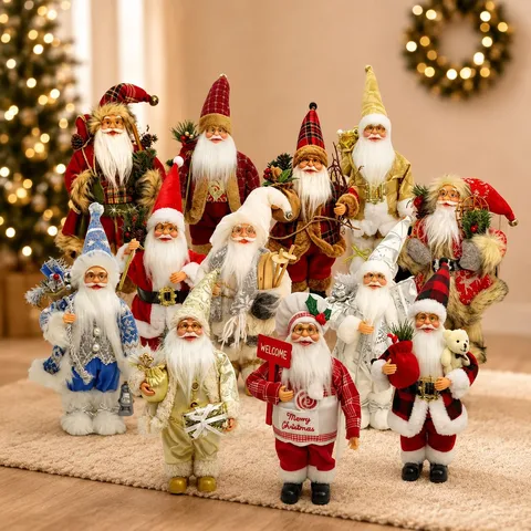Polyester Fabric Standing Santa Claus Plush Figurine Classic Xmas Figure Character Doll Christmas Commercial Window Display Home Tabletop Merchandising Decoration