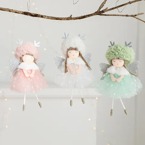 Christmas Angel Girl Plush Hanging Ornament With Antlers Mesh Skirt Wings For Christmas Tree Decoration Cute Doll