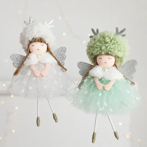 Christmas Angel Girl Plush Hanging Ornament With Antlers Mesh Skirt Wings For Christmas Tree Decoration Cute Doll