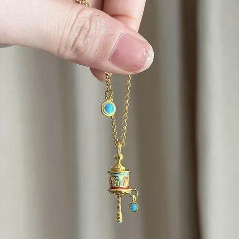 Vintage Tibetan Ethnic Gold Plated Enamel Prayer Wheel Rattle Pendant Necklace Geometric Alloy Choker Necklace For Women Jewelry