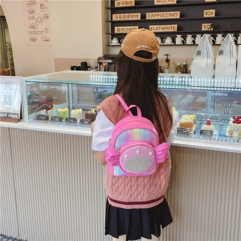 Süßer Kinderrucksack PU Leder Perlenmuschel Muster Design Pailletten Glitzer 3D Flügel Lässige Schultasche Für Mädchen Reise Accessoire