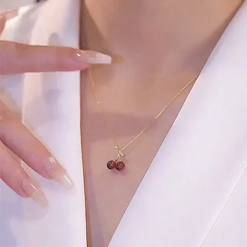 Titanium Steel Cherry Pendant Necklace For Women Gold Plated Red Fruit Clavicle Chain Rhinestone Elegant Choker Jewelry