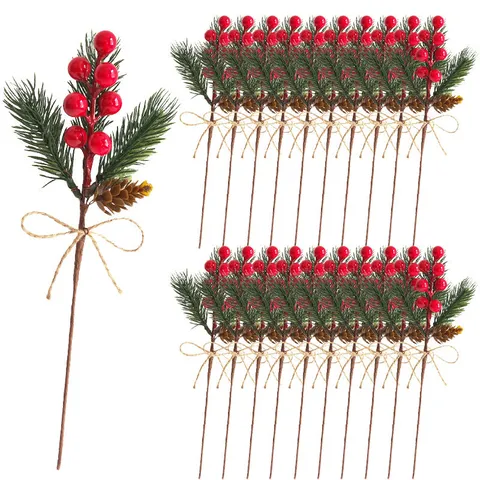 Weihnachten Künstliche Kiefernadeln Rote Beeren Blumenstecker Dekoration Mit Künstlichen Tannenzapfen Kordelschleife Für Feiertage Haus Party Blumengesteck Dekor