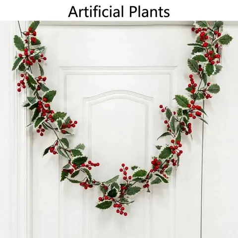 Artificial Christmas Garland Holly Leaves Red Berries Vine For Home Door Wall Hanging Festive Party Decor Silk Flower Plant Rattan