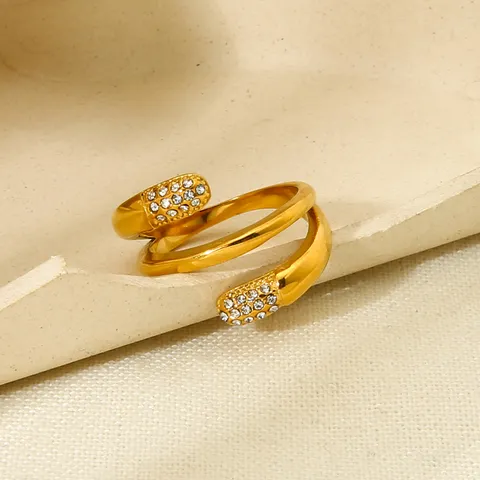 Anillo Abierto de Lujo de Acero Inoxidable de Tres Capas Cruzadas para Mujer Chapado en Oro 18K Circonia Geométrico Incrustado Ajustable Joyería de Moda
