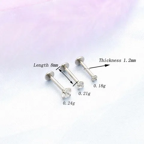 Stainless Steel Rhinestone Lip Ring Internal Thread Piercing Stud Labret Internally Threaded Cartilage Earring Helix Tragus Piercing Jewelry for Men Women