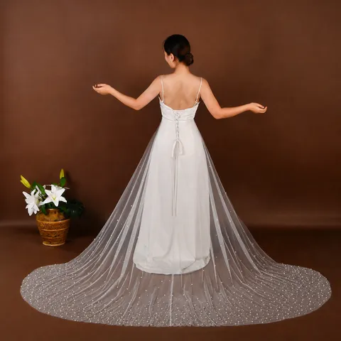 Women Detachable Bridal Tulle Overskirt High Waisted Pearl Beaded Long Train Wedding Dress Accessory Mesh Skirt Bottom