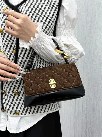 Women Elegant Diamond Quilted Baguette Handbag Simple Color Block Crossbody Shoulder Bag With Metal Twist Lock Suede PU Bag