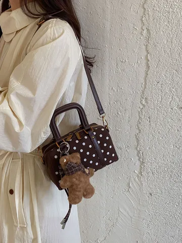 Women Retro Polka Dot Boston Bag Small Square PU Leather Handbag Casual Shoulder Crossbody Pillow Bag With Bear Charm For Women