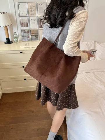 Large Capacity Suede Tote Bag for Women Vintage Minimalist Solid Color Shoulder Bag for Daily Commute Shopping Travel