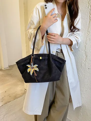 Women Large Capacity Retro PU Leather Tote Bag Fashion Casual Shoulder Underarm Bag Solid Color Commuter Handbag
