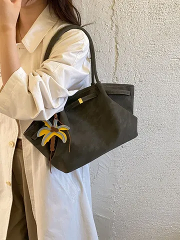 Women Large Capacity Retro PU Leather Tote Bag Fashion Casual Shoulder Underarm Bag Solid Color Commuter Handbag