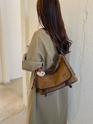 Women Fashion Suede Shoulder Bag Vintage Leopard Print Tote Bag Casual Crossbody Bag With Bear Pendant Retro Hobo Handbag For Daily Work