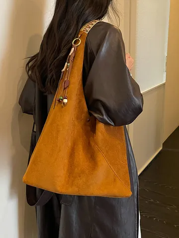 Vintage Large Capacity Suede Dumpling Bag For Women Ethnic Weaving Strap Tassel Pendant Shoulder Hobo Bag Casual Commuter Tote
