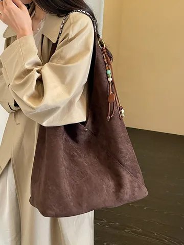 Vintage Large Capacity Suede Dumpling Bag For Women Ethnic Weaving Strap Tassel Pendant Shoulder Hobo Bag Casual Commuter Tote