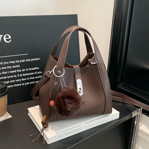 Fashion Lychee Pattern PU Leather Bucket Bag Women Casual Single Shoulder Crossbody Handbag With Metal Lock And Pendant