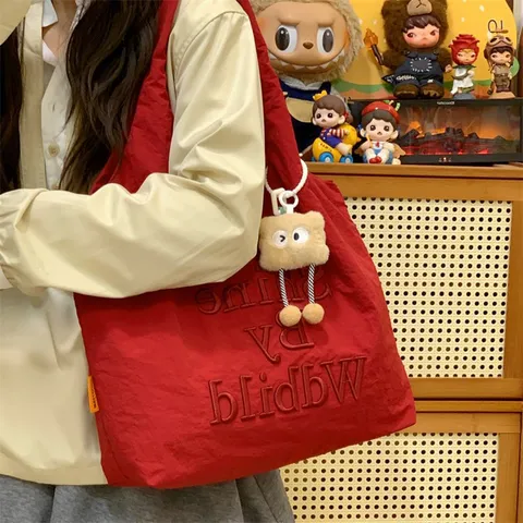 Casual Letter Embroidered Canvas Tote Bag Large Capacity Lightweight Shopping Commuter Shoulder Bag For Women