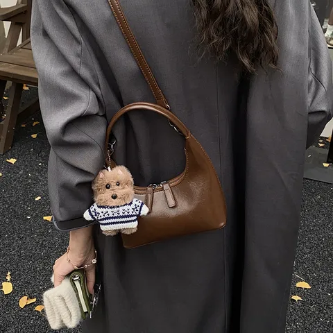 Retro Crescent Hobo Bag Women PU Leather Shoulder Crossbody Bag Fashion Commuter Handbag with Cute Plush Pendant