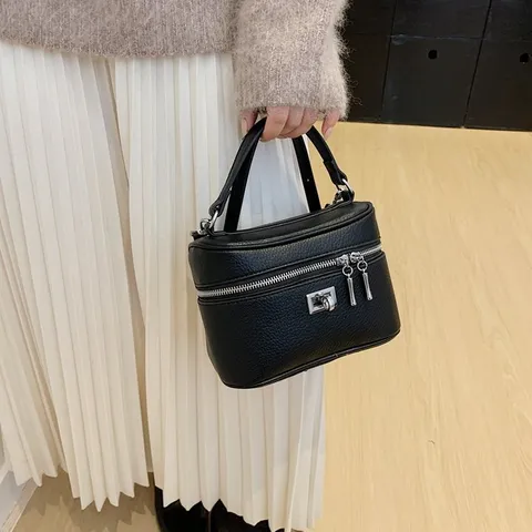 Women Retro PU Leather Top Handle Bag Solid Color Litchi Pattern Crossbody Shoulder Bag Small Box Handbag