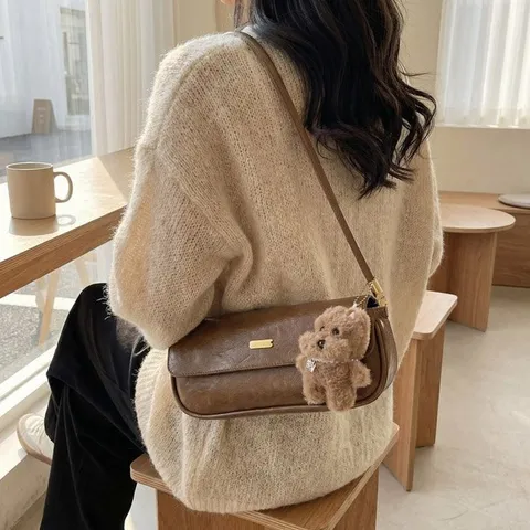 Women Retro PU Leather Shoulder Bag Chic Underarm Bag Solid Color Casual Baguette Bag Fashion Handbag