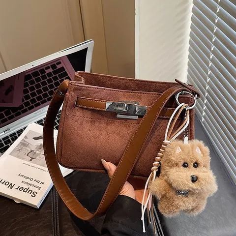 Women Vintage PU Suede Crossbody Bag Retro Kelly Style Shoulder Handbag