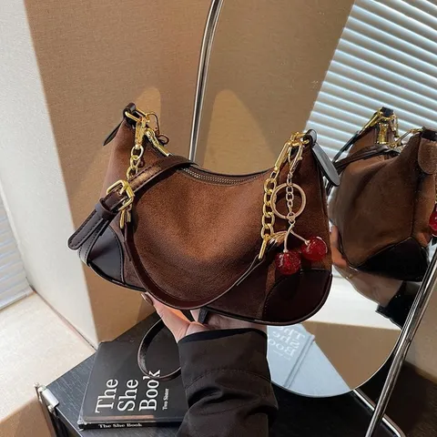 Retro Suede PU Leather Underarm Bag Women Hobo Shoulder Bag With Chain And Cherry Pendant Vintage Casual Handbag
