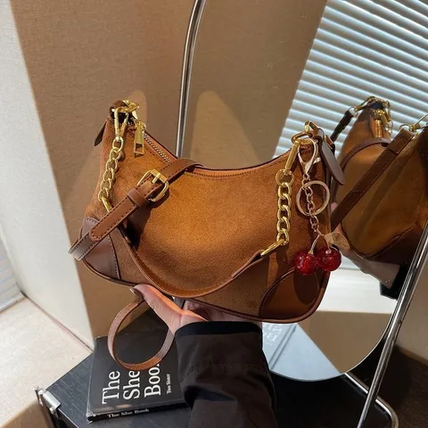 Retro Suede PU Leather Underarm Bag Women Hobo Shoulder Bag With Chain And Cherry Pendant Vintage Casual Handbag