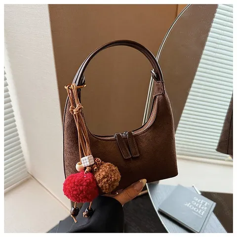 Women Retro Suede Dumpling Bag Casual Solid Color Hobo Crossbody Bag Shoulder Handbag With Plush Ball Pendant
