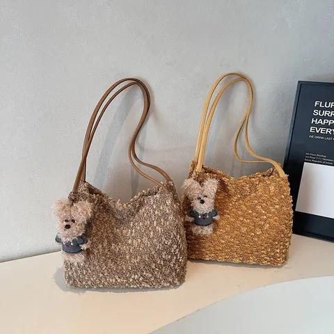Women Retro Plush Shoulder Bag Cute Bear Pendant Casual Tote Bag Soft Fluffy Underarm Bag Winter Handbag