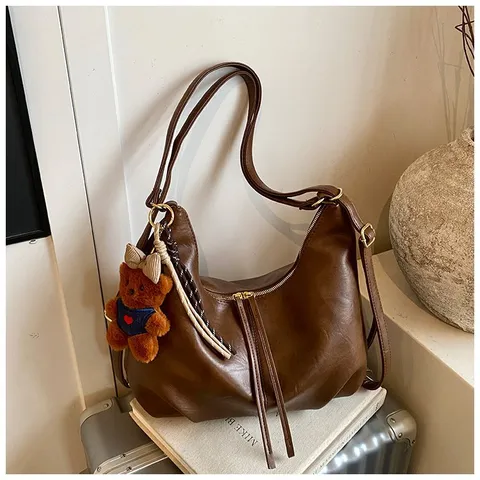 Women PU Leather Casual Backpack Large Capacity Commuting Underarm Bag Solid Color Stylish Daypack With Bear Pendant