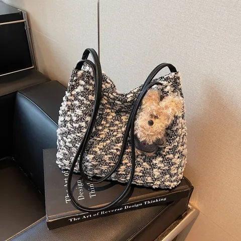 Women Retro Plush Shoulder Bag Cute Bear Pendant Casual Tote Bag Soft Fluffy Underarm Bag Winter Handbag