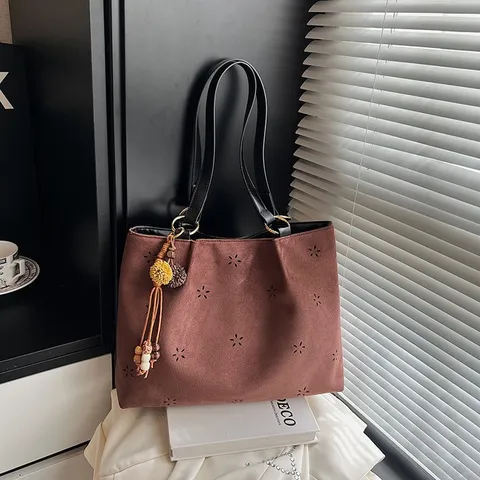 Women's Casual Suede Tote Bag Laser Cut Floral Hollow Out Shoulder Bag Large Capacity Commuting Handbag